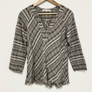 XIRENA Popover Top Cotton Gauze Women’s Size XS V Neck Fray Hem Gray White